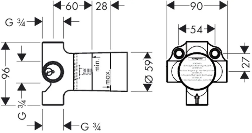 Hansgrohe Umstellventil mit mehreren Anschlussmöglichkeiten. Technische Zeichnung mit Maßen und Detailansichten, geeignet für Unterputzmontage.